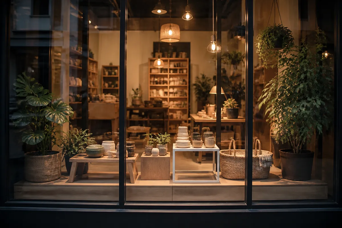 Escaparate de un comercio pequeño al anochecer, con estantes de madera, plantas y luz cálida.